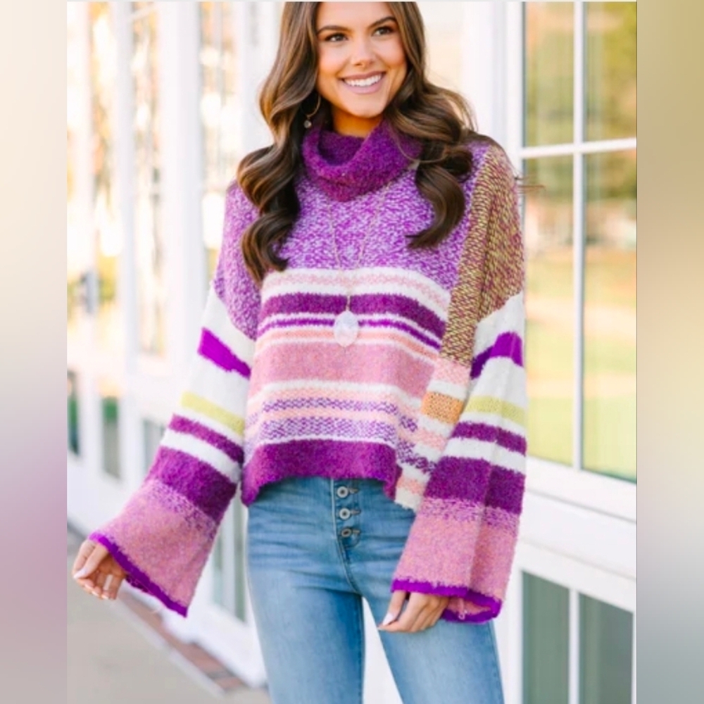 Knit Sweater Oversized Mulberry Purple Striped Turtleneck Wool Jamper Size S